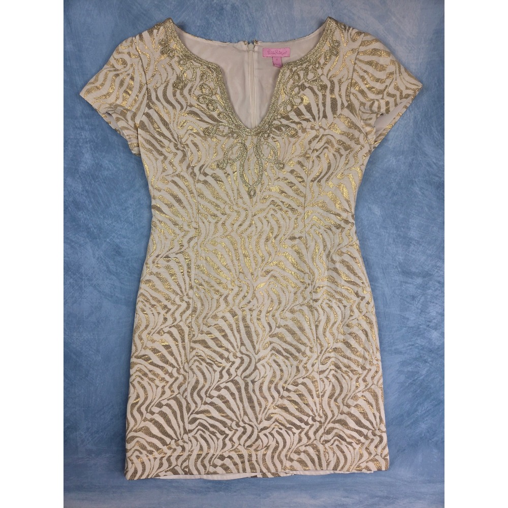 Lilly Pulitzer Milannia Women Dress Size 4 Gold Zebra Jacquard Shift Cocktail